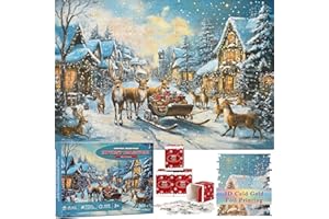 YINHUA 3D Cold Gold Foil Printing Advent Calendar 2024 Christmas Puzzles for Adults, Deer gift giving scene 1008 Pcs Countdown Calendar 24 Days Jigsaw, Puzzle Advent Calendar 2024 for Teens Kids, Family Puzzles