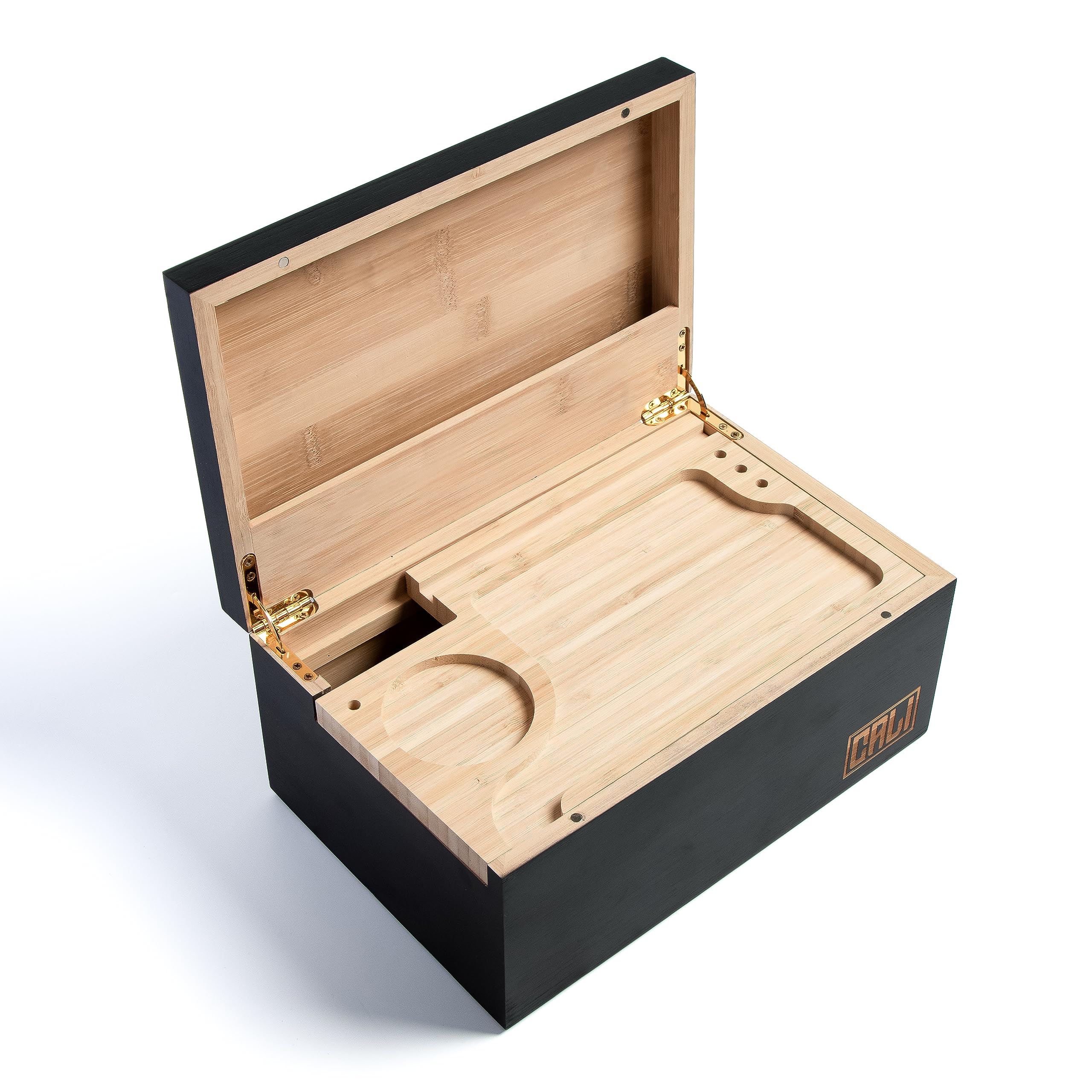 CALI Large Stash Box Smoking Accessories Storage - 100% Natural Bamboo - With Sliding Rolling Tray - Width 10.5” x Height 5” x Depth 7” 27cm x 13cm x 18cm (Black)