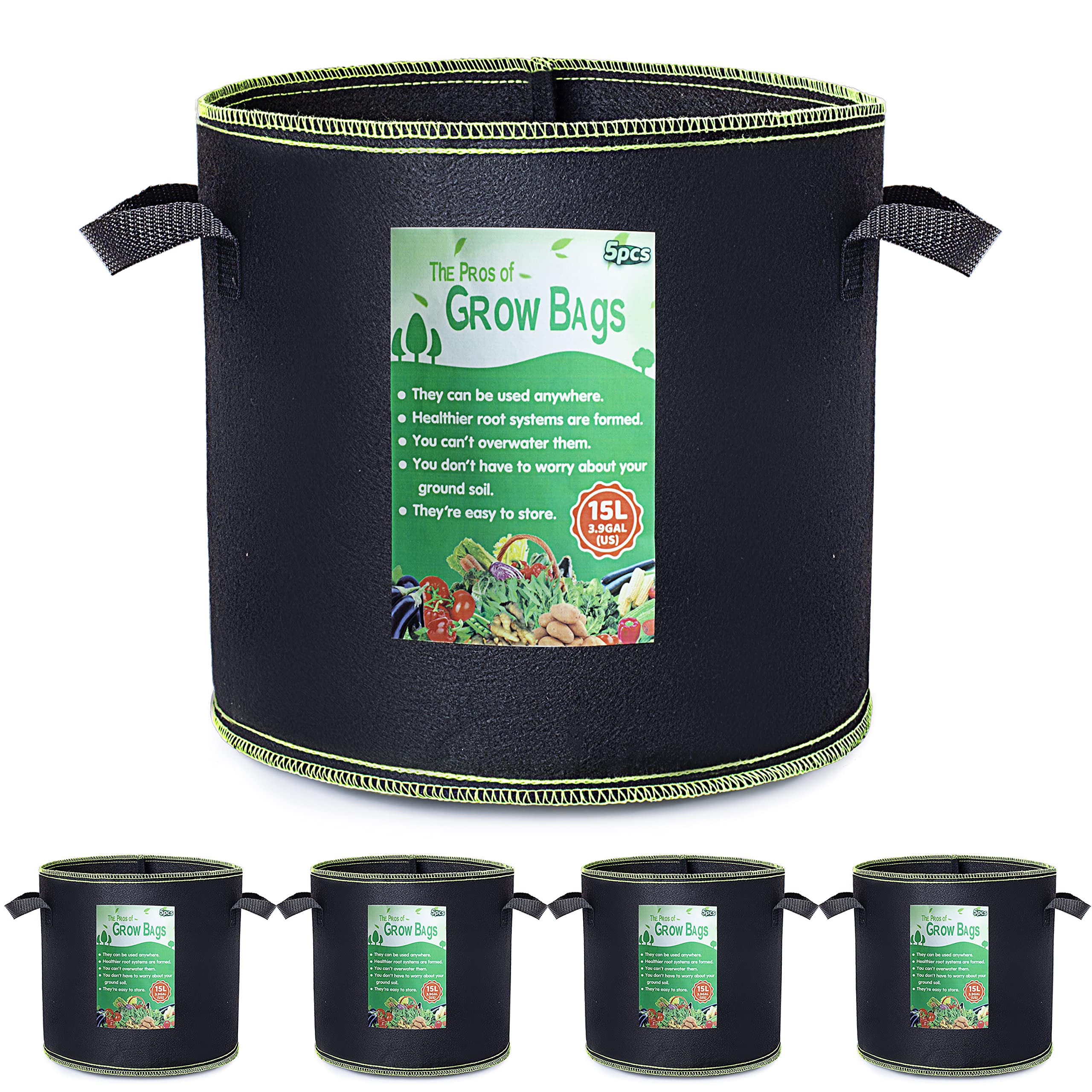 Growerz 15L (DIA27 x H26cm) Fabric Grow Pot – Durable Non-Woven PET Plant Container for Air Pruning, Root Health & Drainage – Reusable Pot for Indoor/Outdoor Gardening