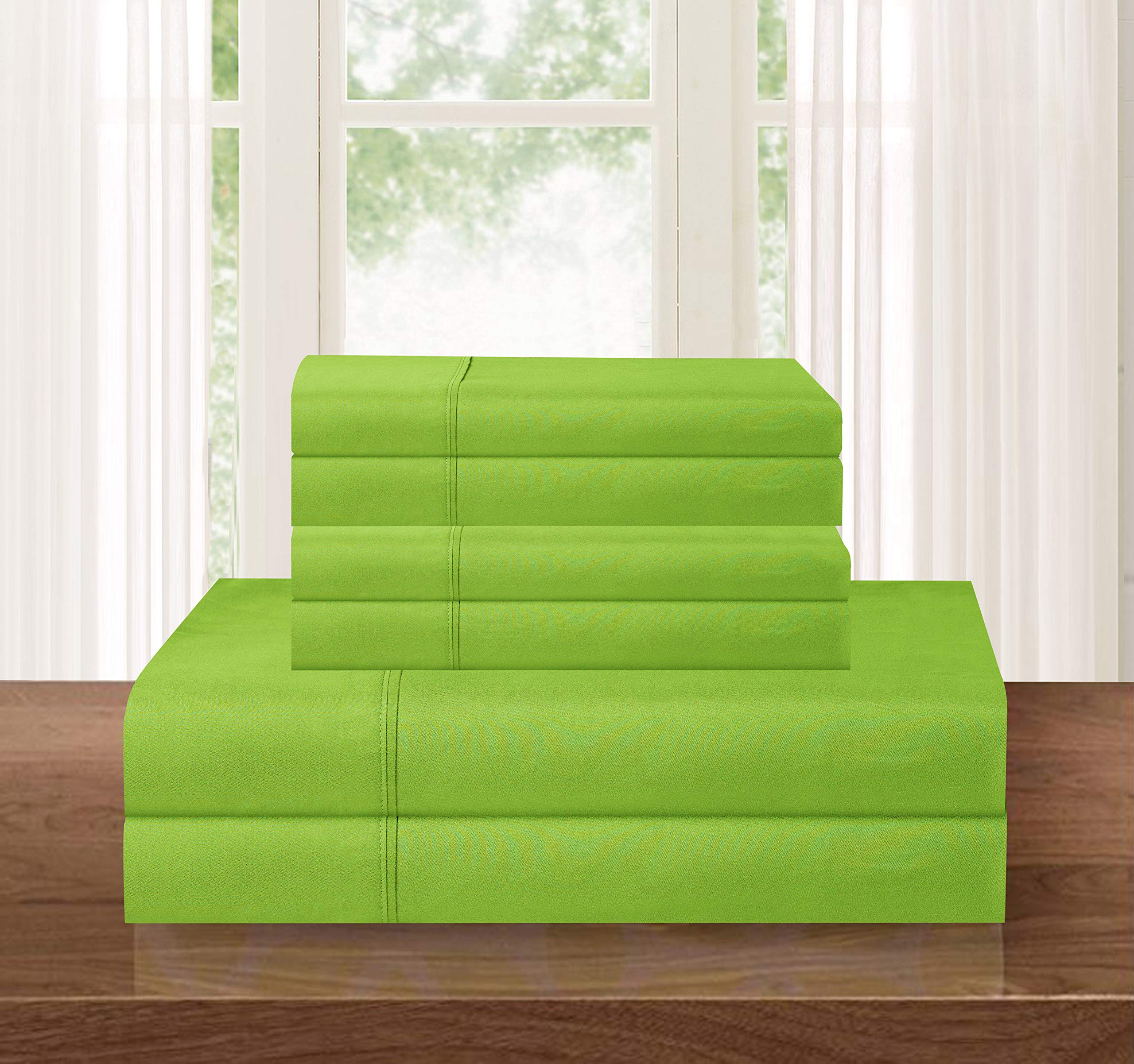 Elegant Comfort Luxury Soft 1500 Premium Hotel Quality Microfiber Wrinkle and Fade Resistant Cozy 6-Piece Bedding Set, Easy All Around Elastic Fitted Sheet, Deep Pocket, Queen, Lime