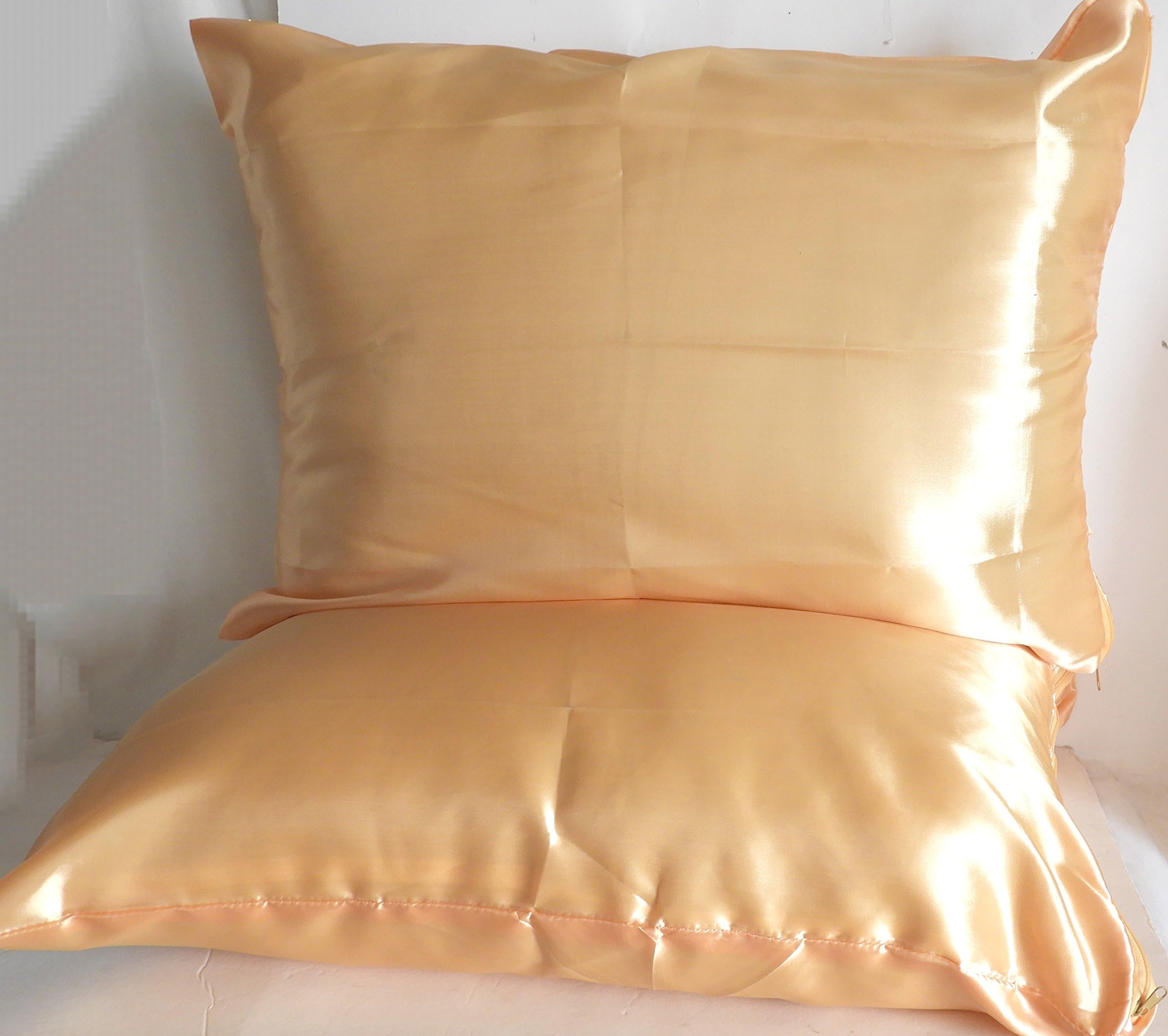 2 Pack Peach Satin Zippered Pillow Case Protector Standard Size 20" X 26" Promotes Skin and Hair Health