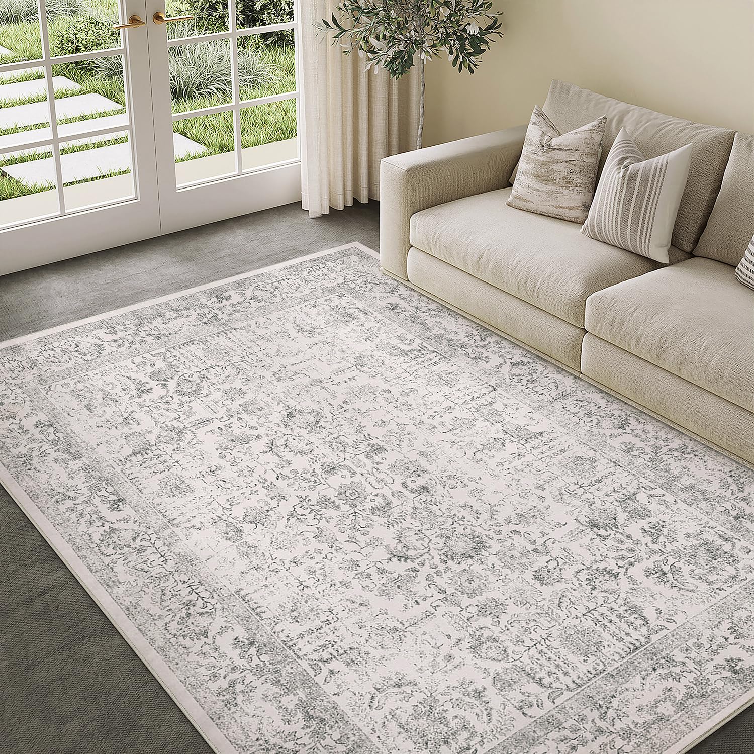 Photo 1 of PureCozy Gray Area Rug 5x7 Machine Washable Vintage Living Room Distressed Non Slip Carpet Traditional Indoor Bedroom Grey Retro Floral Accent Throw Large Rug for Office Kitchen Bathroom Dining Room