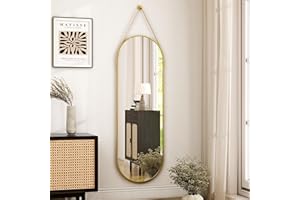 HARRITPURE Full Length Mirror Oval Hanging Mirror 16"x48" with Leather Strap Aluminum Frame Wall-Mounted Hanging Mirrors for 