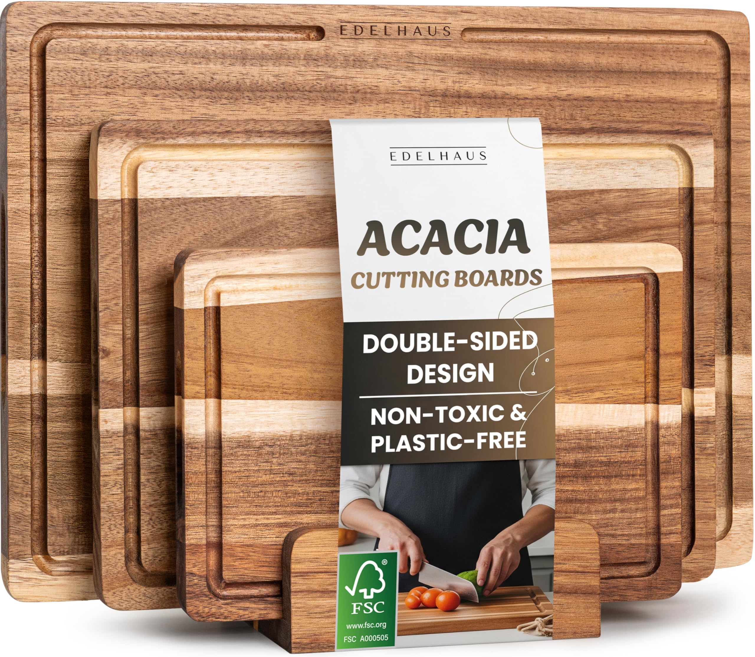 Photo 1 of Acacia Wood Cutting Board for Kitchen, Non-Toxic Cutting Board Set of 3, Chopping Boards with Deep Juice Groove for Meat, Cheese & Vegetables - Durable & Double sided with serving Compartments
