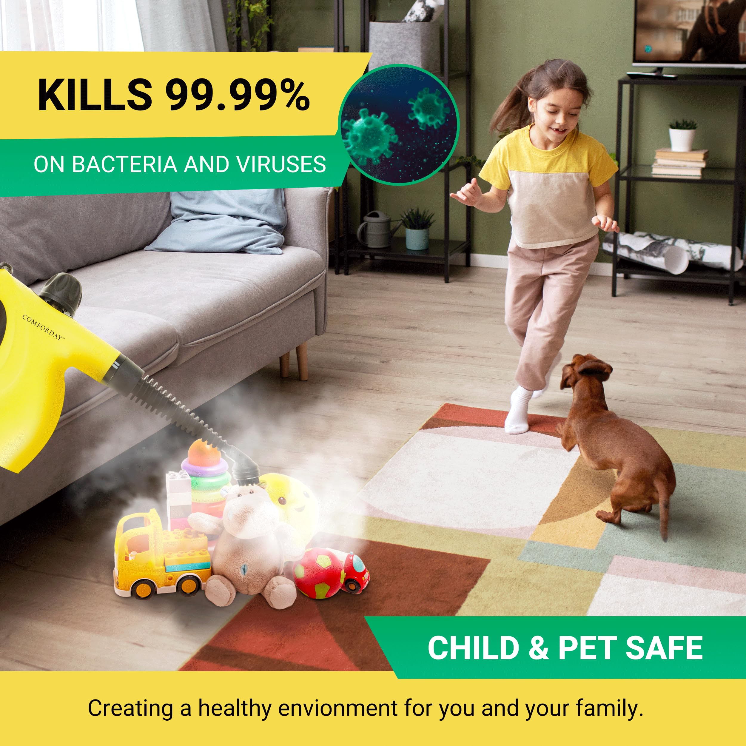 Comforday Multi-Purpose Steam Cleaner with 9-Piece Accessories, Perfect for Stain Removal, Curtains, Car Seats, Floor, Bathroom, (Yellow)