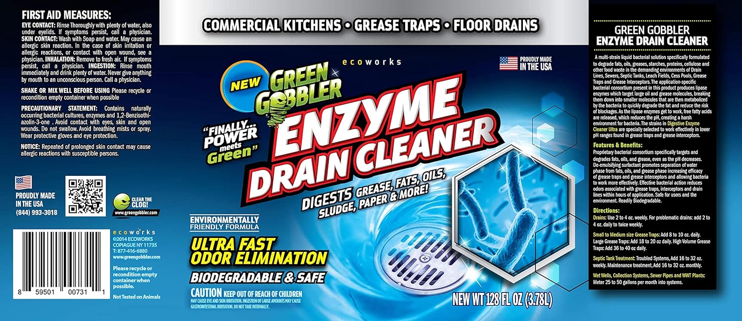 Green Gobbler ENZYMES for Grease Trap & Sewer - Controls Foul Odors & Breaks Down Grease, Paper, Fat & Oil in Sewer Lines, Septic Tanks & Grease Traps (1 Gallon): Health & Personal Care