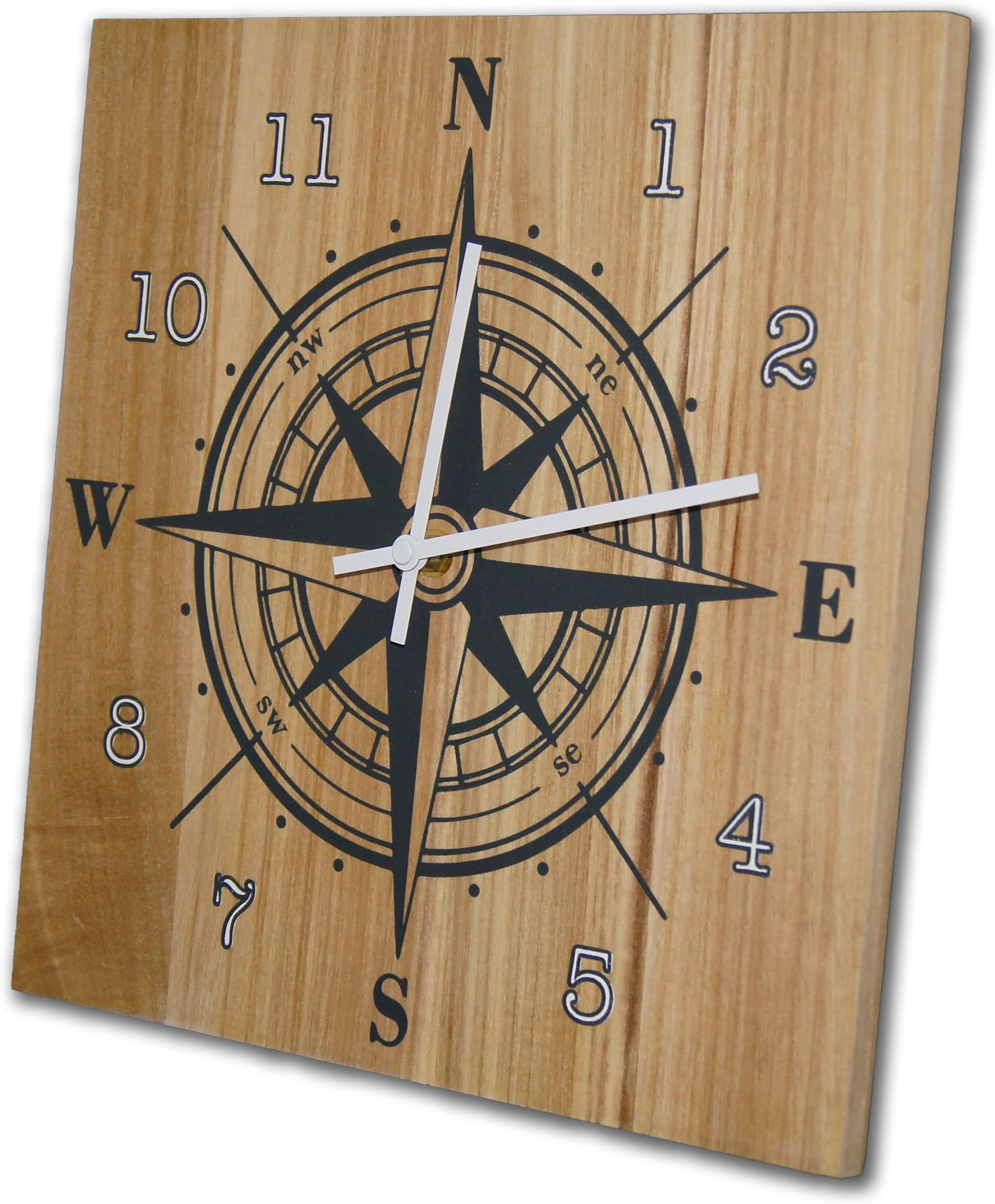 OldBleu Nautical Compass Wall Clock, 12 Inch, Solid Wood, Non-Ticking, Silent, Made in USA (Slate Gray, White)