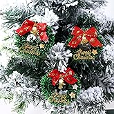 4Pcs Christmas Wreath Decorations, Mini Wreaths with Bow & Golden Bell, Green Artificial Wreath for Christmas Tree Holiday Home Decoration