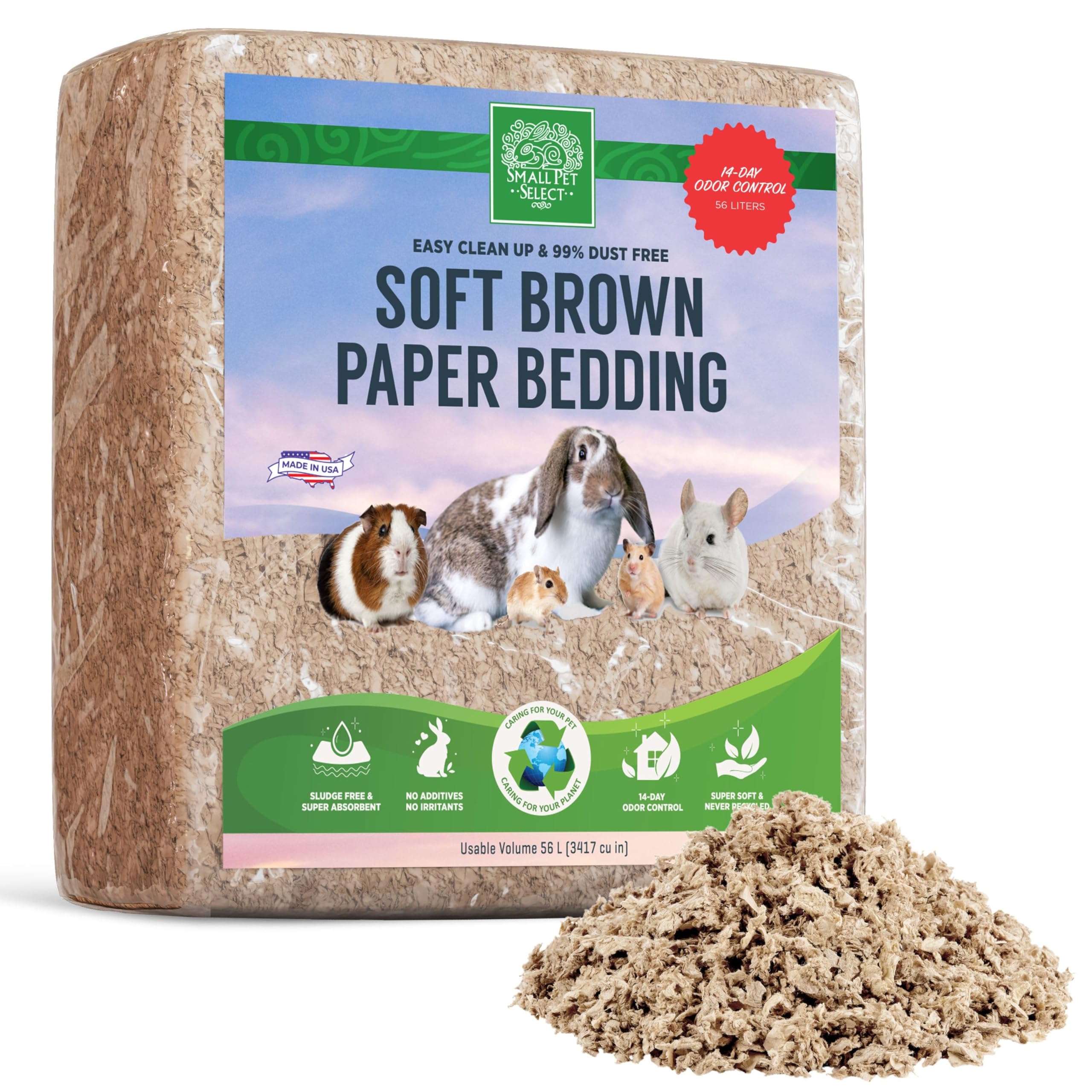 SMALL PET SELECT Brown Natural Paper Bedding, Soft Animal Bedding with Odor Control for Guinea Pig, Rabbit, Hamster, or Bunny, Cage Accessories, Made in the USA, 56L