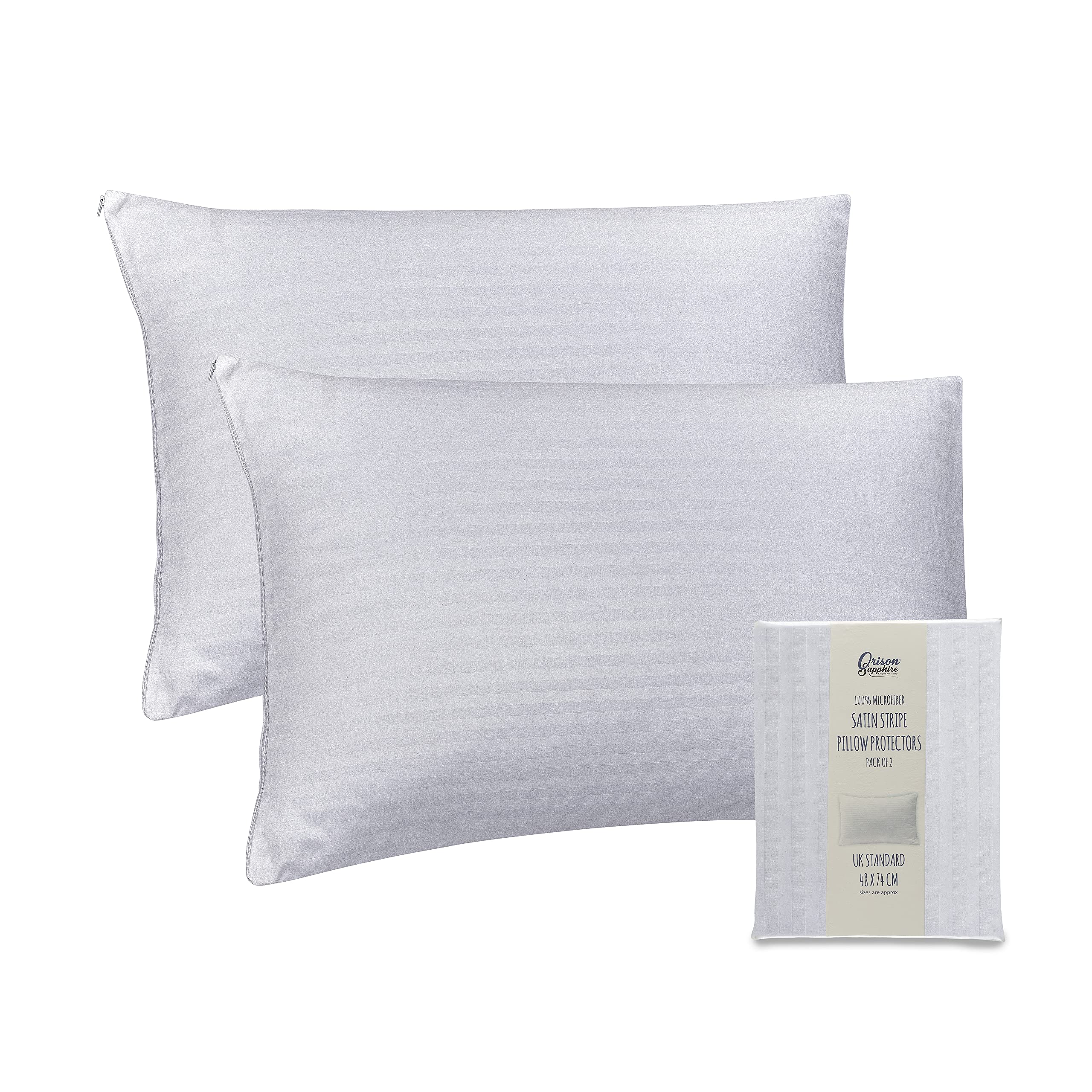 Orison Sapphire® Pillow Protectors 2 Pack | 100% Microfiber Ultra Soft Satin Stripe Pillow Cases | Anti Allergy & Anti Dust Mite, Breathable & Zipped White Pillow Covers | UK Standard Size 48x74 CM