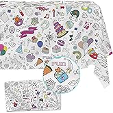 Fabric Reusable Coloring Tablecloth - Washable Coloring Mat for Kids and Adults, Giant Coloring Poster with Bleed-Resistant Lining, Sewn Edges, and Fun Designs (Birthday, 48"x60")