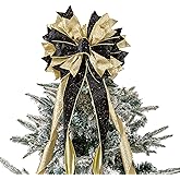 Black Golden Christmas Tree Topper, 40x13 Inches Toppers Bow with Glitter Satin Mesh Streamer and Patterned Ribbon, Christmas Tree Topper Bow for Christmas Home Decoration