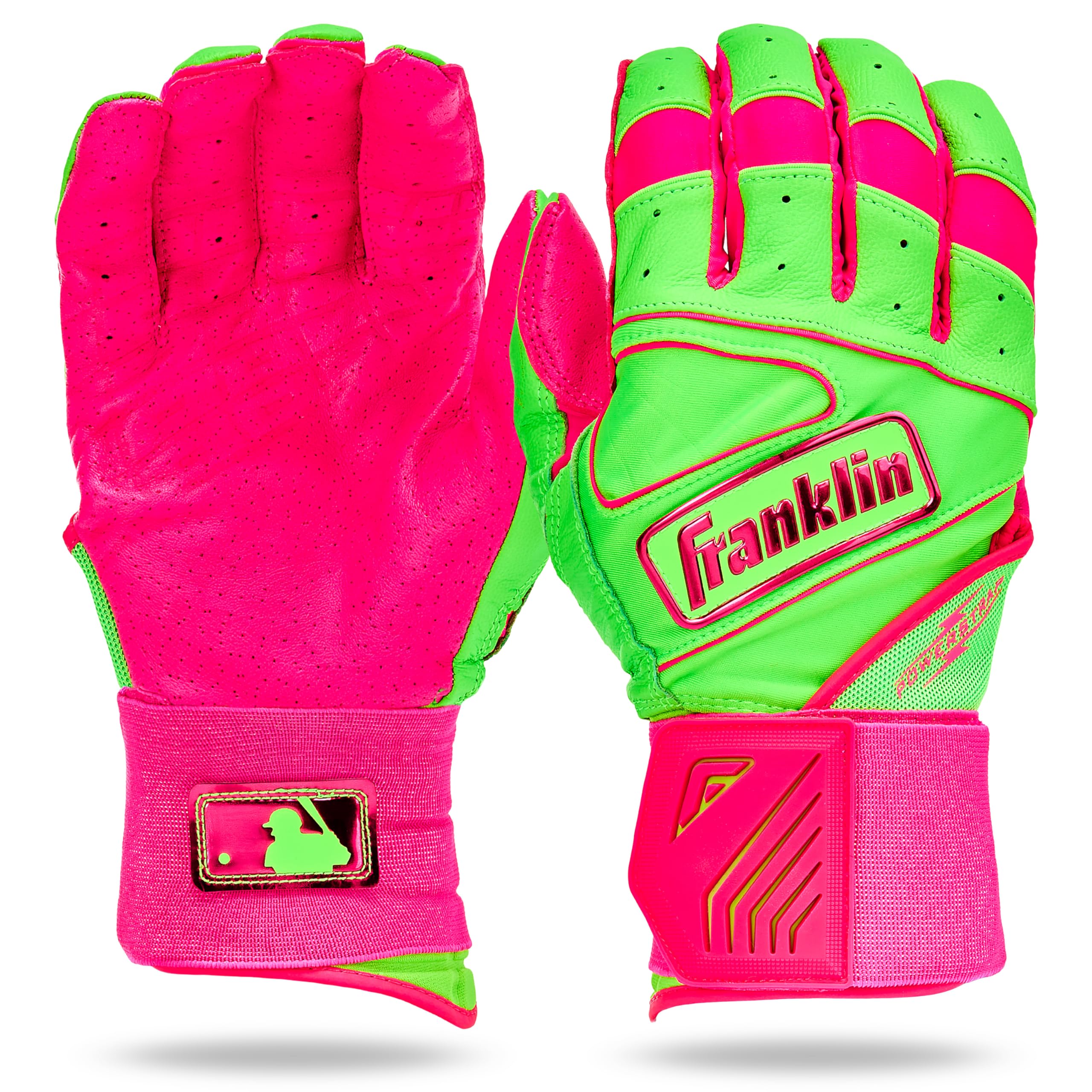 Franklin Sports MLB Batting Gloves - Infinite Powerstrap Baseball Batting Gloves - Durable Full Wrap Cage Practice Gear - Long Cuff Wrist + Heavy Duty Leather - Pink/Apple Green - Youth Large Image