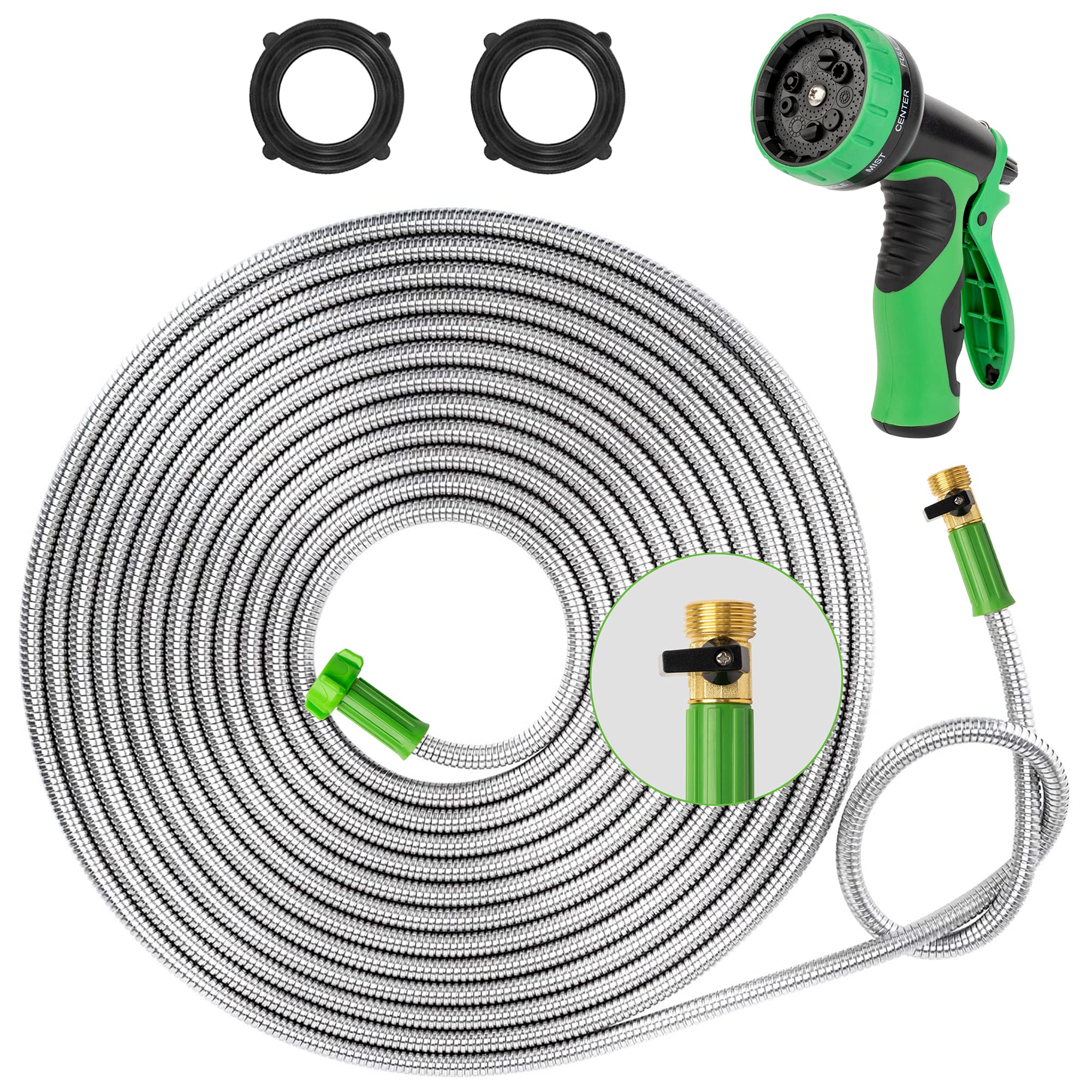 Photo 1 of Yanwoo 304 Stainless Steel 30ft Garden Hose with Sprayer Nozzle and ON/OFF Valve, Lightweight, Kink-Free, Heavy Duty Outdoor Hose (30ft)