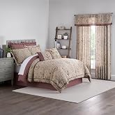 Waverly Oxford Damask 4 Piece Cotton Comforter Set, Embellished All Season Bedding, Includes One Comforter, One Bed Skirt and Two Pillow Shams, Machine Washable King Bed Set, Beige &amp; Maroon