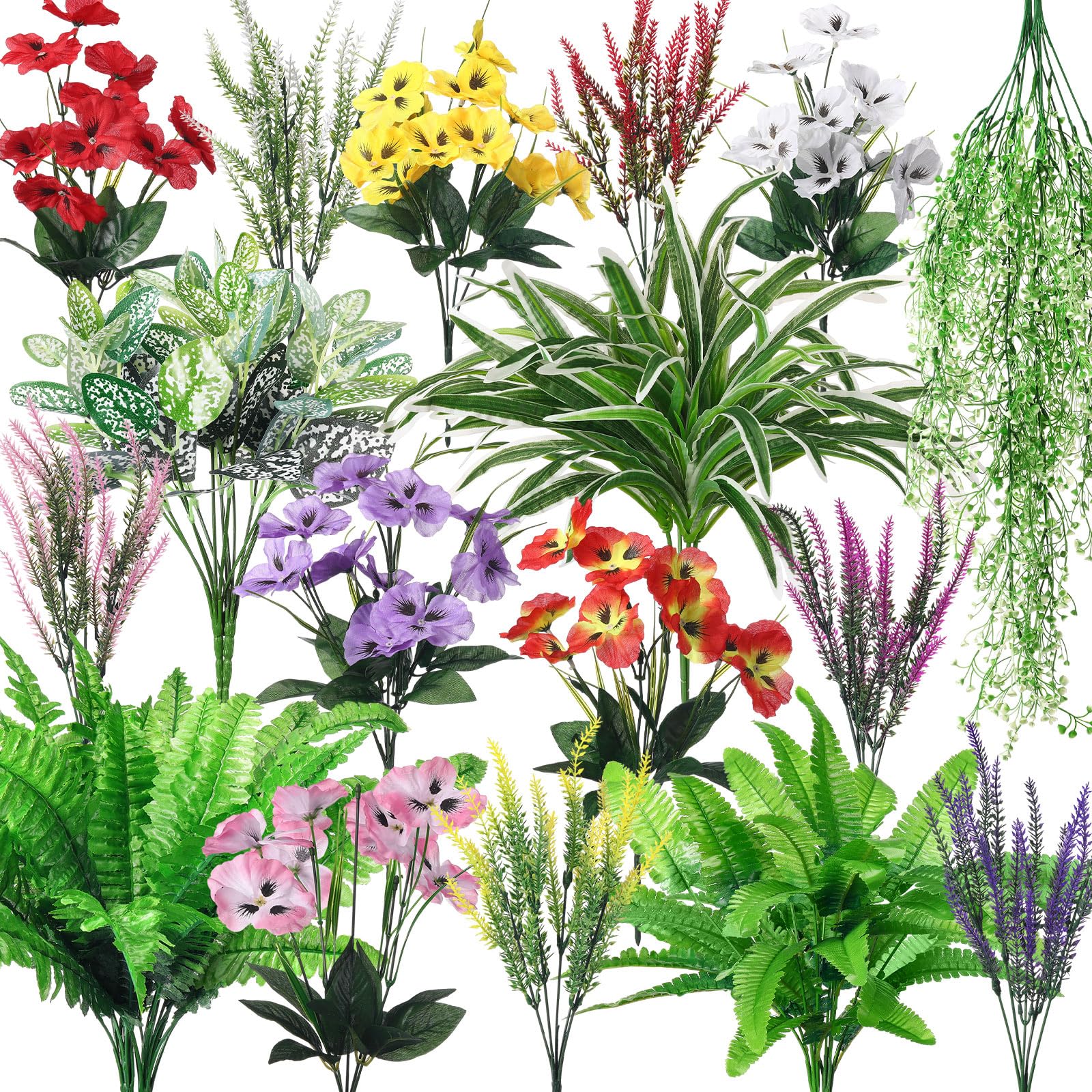 Photo 1 of 24 Pcs Outdoor Artificial Plants UV Resistant Faux Plant Fake Greenery Stems Faux Shrubs Flower for Outside Hanging Front Porch Patio Garden Window Box Home Wedding Summer Spring Decor(Mix Color)