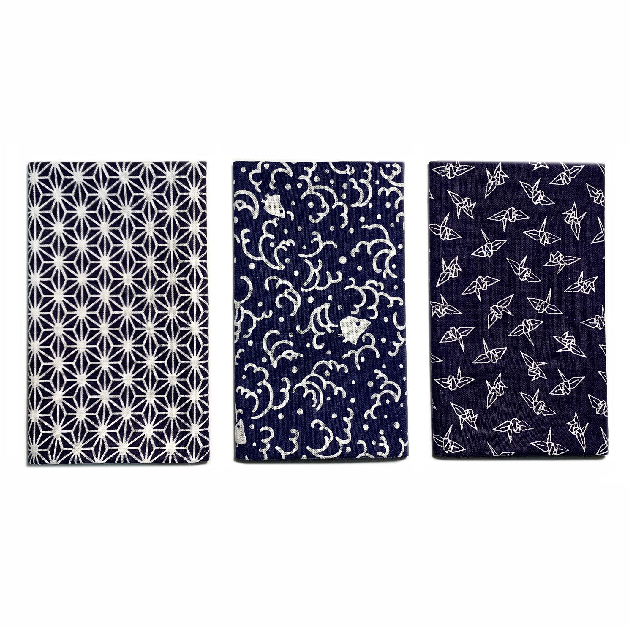 Yagisei Made in Japan Komon Tenugui Towel 3 type set (Flax Leaf, Namichidori, Orizuru) Blue,33X90centimeters
