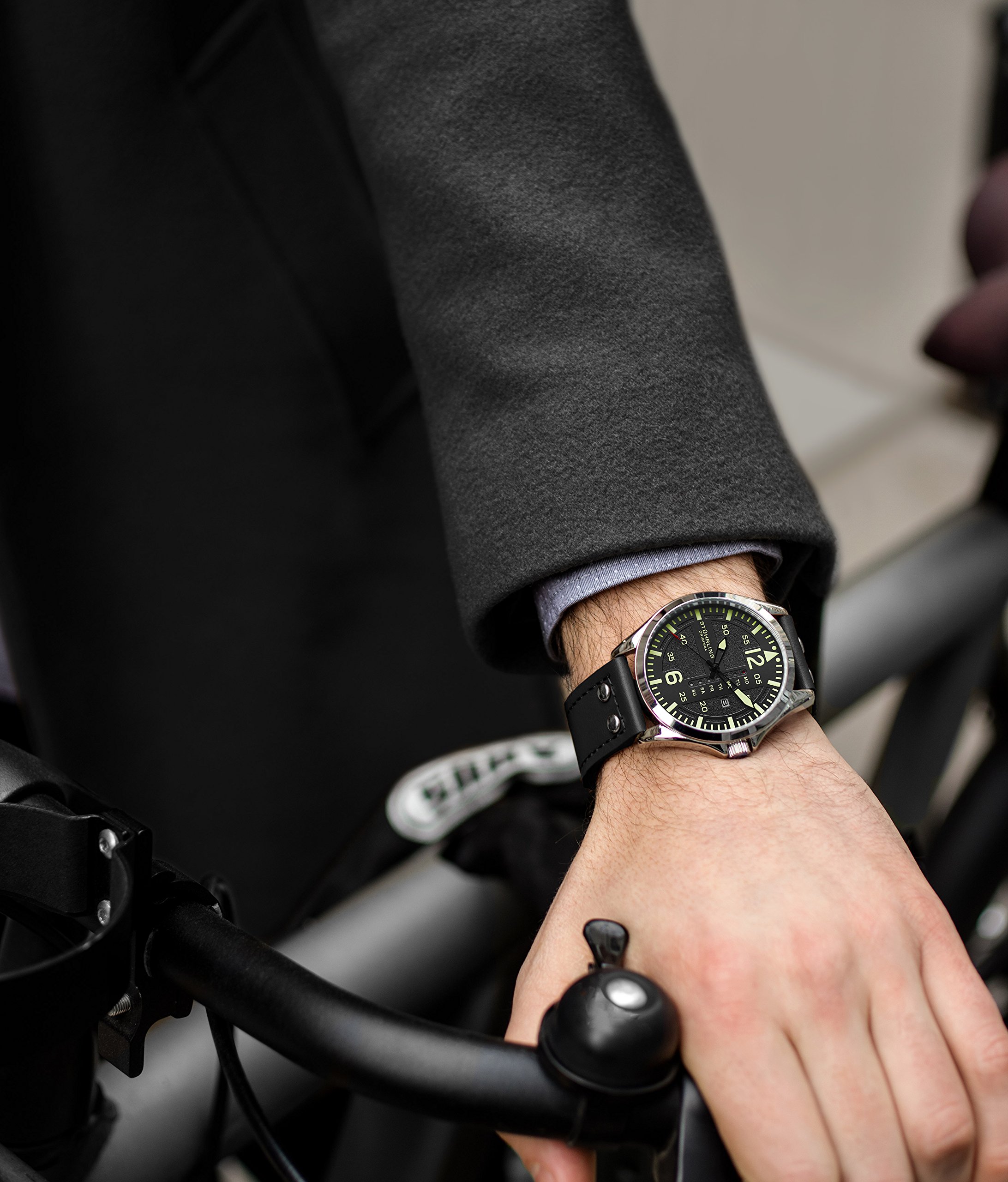 Stuhrling Original Mens Leather Watch -Aviation Watch, Quick-Set Day-Date Leather Band with Steel Rivets,