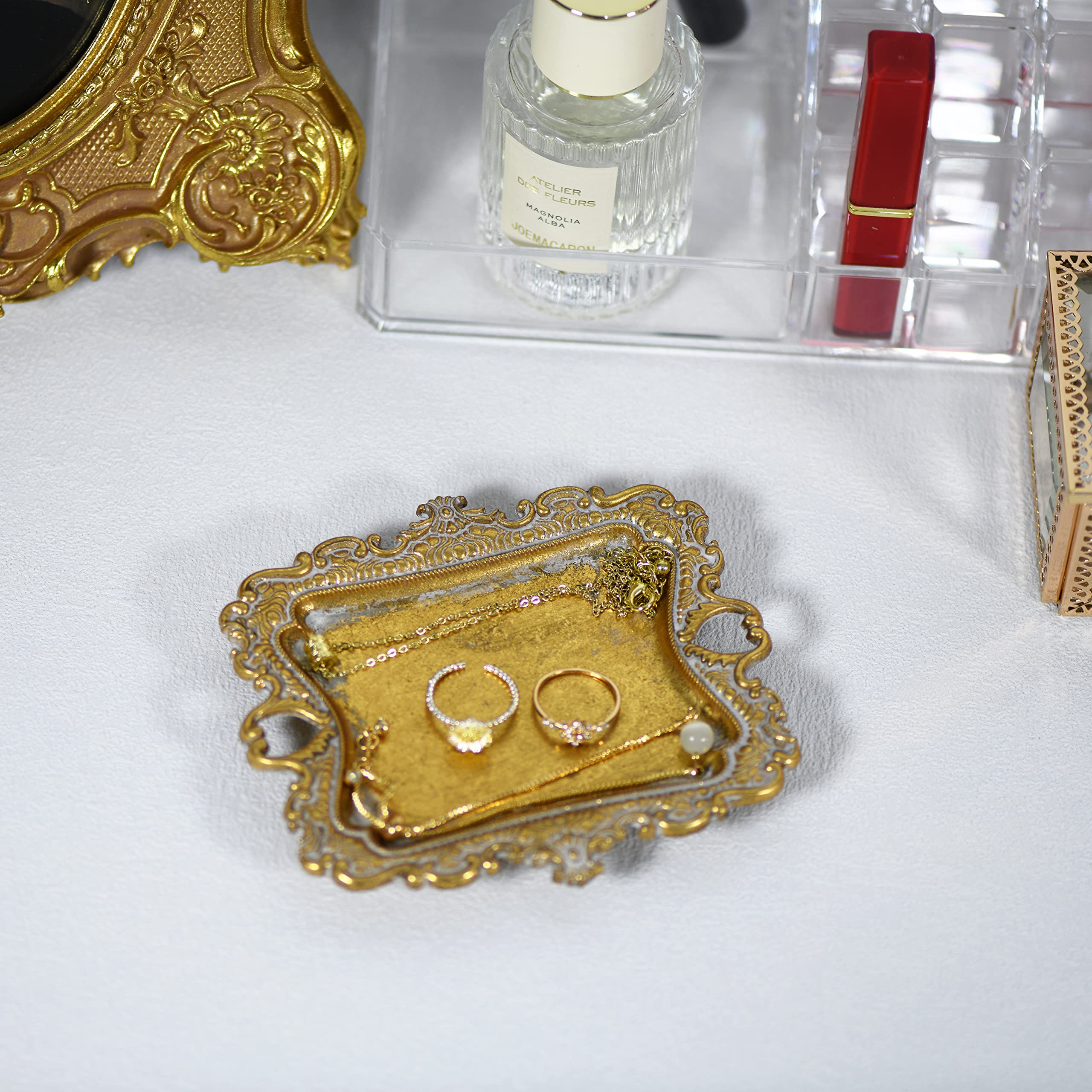 Funly mee Small Antique Trinket Dish Vintage Jewelry Tray, Ring Holder (Gold-2PACK)