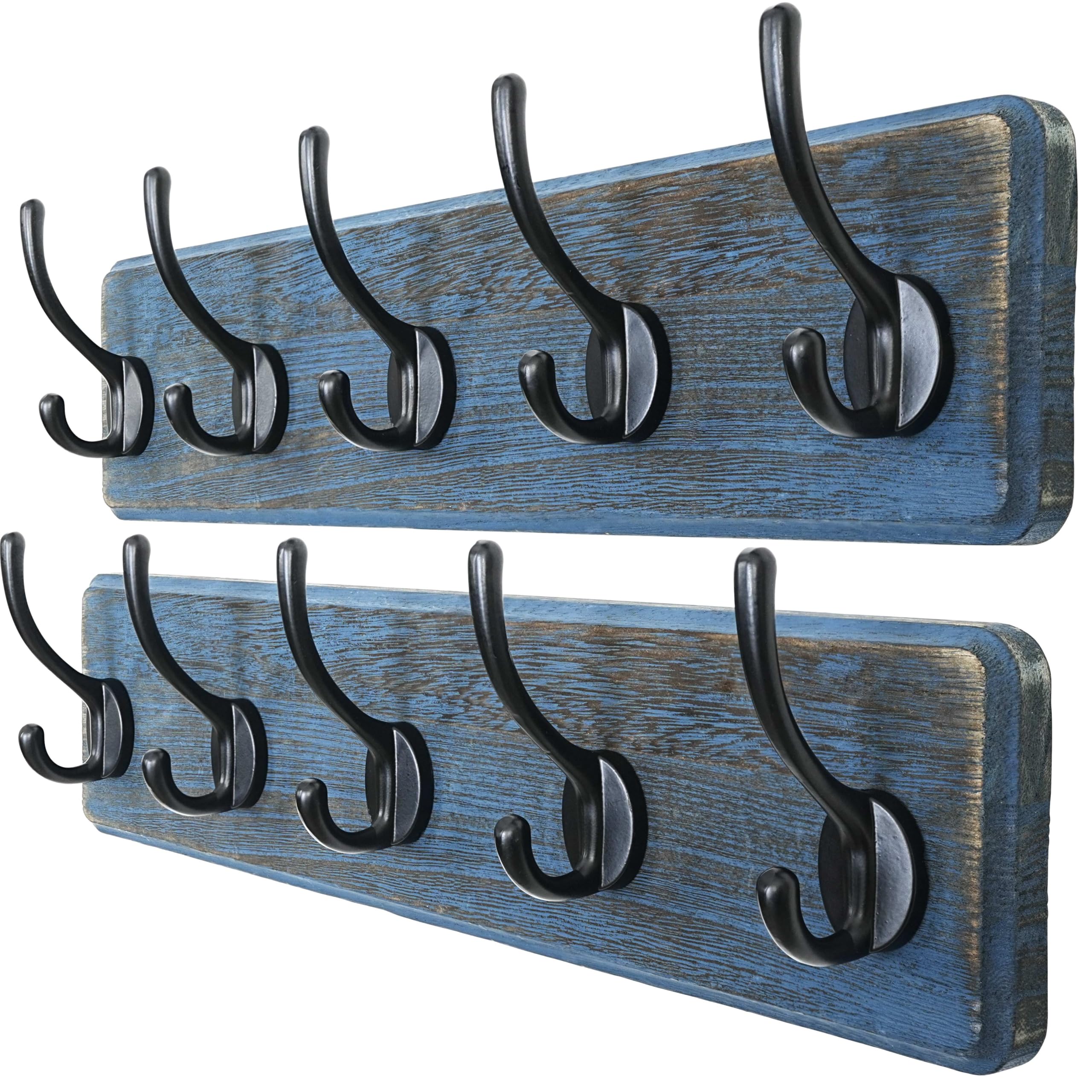 Dseap Coat Rack Wall: Patented, Heavy-Duty, 5-Double-Hooks Wooden Wall Mounted Coat Rack Coat Hanger Hook Rail for Winter Coats Hat Jacket Clothing, Weathered Blue, Pack of 2 Image