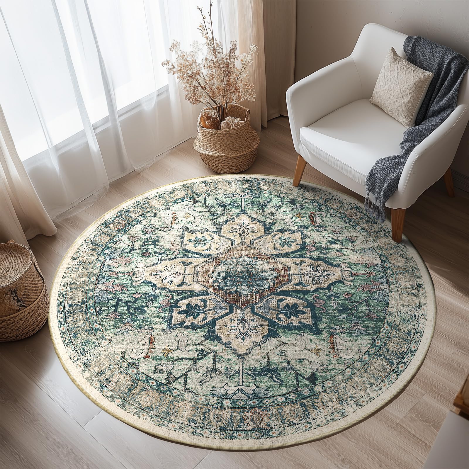 Photo 1 of BESTSWEETIE 4ft Area Rug Washable Rugs for Living Room, No Pile Boho Carpet for Entryway Bedroom Dinning Room, Vintage Carpet Print Distressed Non-Slip, 48" Round, Green