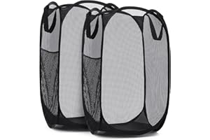 Handy Laundry Collapsible Mesh Pop Up Hamper with Wide Opening and Side Pocket - Breathable, Sturdy, Foldable, and Space-Saving Design for Clothes and Storage (Black | 2-Pack)