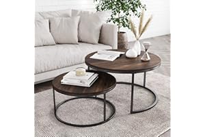 Nathan James Stella Round Modern Nesting Coffee Set of 2, Stacking Living Room Accent Tables with an Industrial Wood Finish and Powder Coated Metal Frame, Warm Nutmeg/Matte Black
