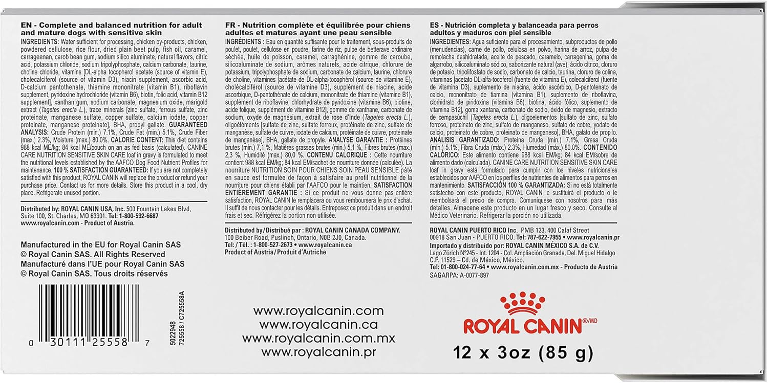 Royal Canin Canine Care Nutrition Sensitive Skin Care Loaf In Gravy Dog Food 3 Ounce Pouch Pack Of 12 Pet Supplies Amazon Com