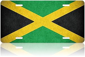 LOISTAVA Jamaica Flag Jamaican Car Front License Plate Cover Vintage Black Yellow Green Flag Personalise License Plate Rust-Proof Stainless Steel Metal Car Plate Tag Funny Novelty Vanity Tag Decoration Srew