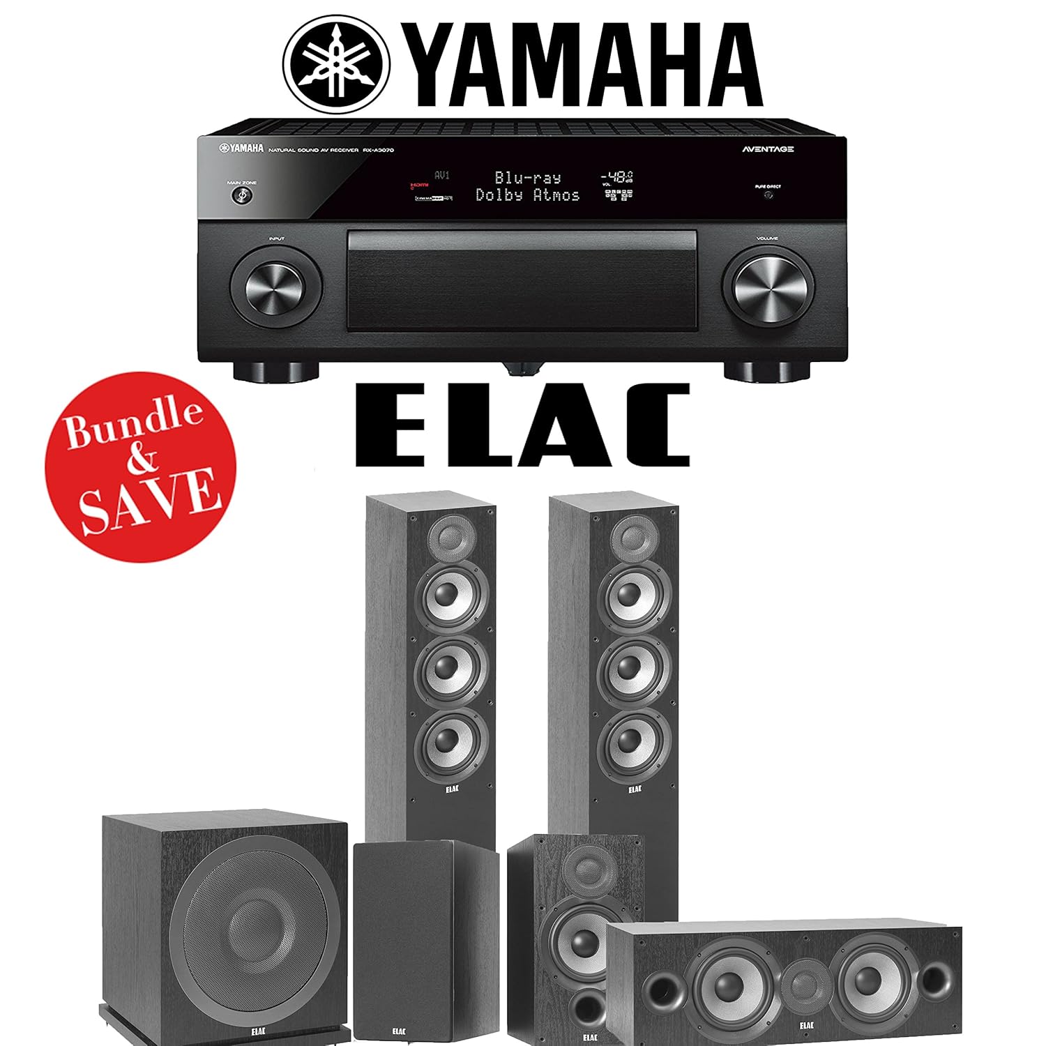Yamaha AVENTAGE RX-A3070BL 11.2-Ch Dolby Atmos Network AV Receiver + Elac Debut 2.0 F5.2 + Elac Debut 2.0 C6.2 + Elac Debut 2.0 B6.2 + Elac Sub3010 - 5.1-Ch Home Theater Package