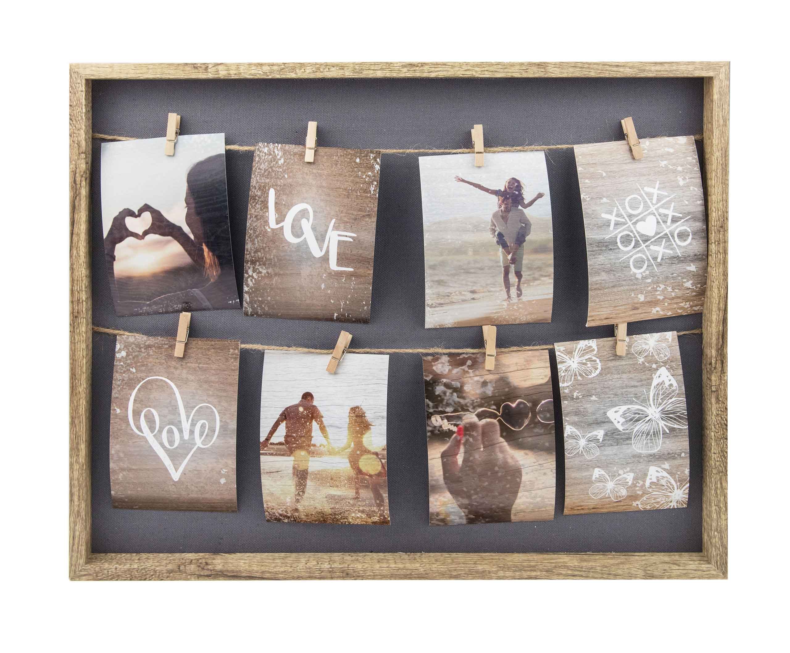 accent by nielsen Wooden Collage Photo Frame for 8 Postcard-Size 9x13 cm Pictures – Clothesline Display with Pegs