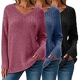 Velvelhall 3 Pack Women's Casual Lightweight Sweaters Long Sleeve Knitted Tops V Neck Ribbed Tops Loose Pullover Tees