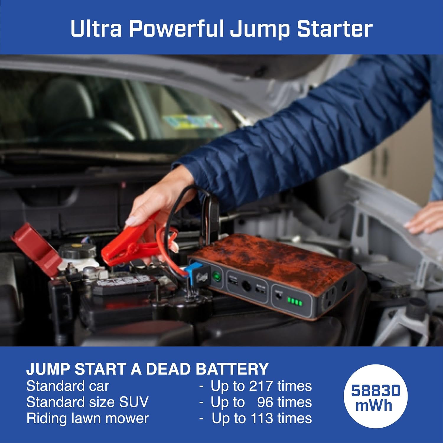 HALO Bolt 58830 mWh Portable Phone Laptop Charger Car Jump Starter with AC Outlet and Car Charger - Grey