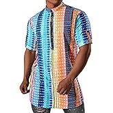 JOGAL Mens Striped Henley Shirt Short Sleeve Traditional African Style Dashiki Shirts
