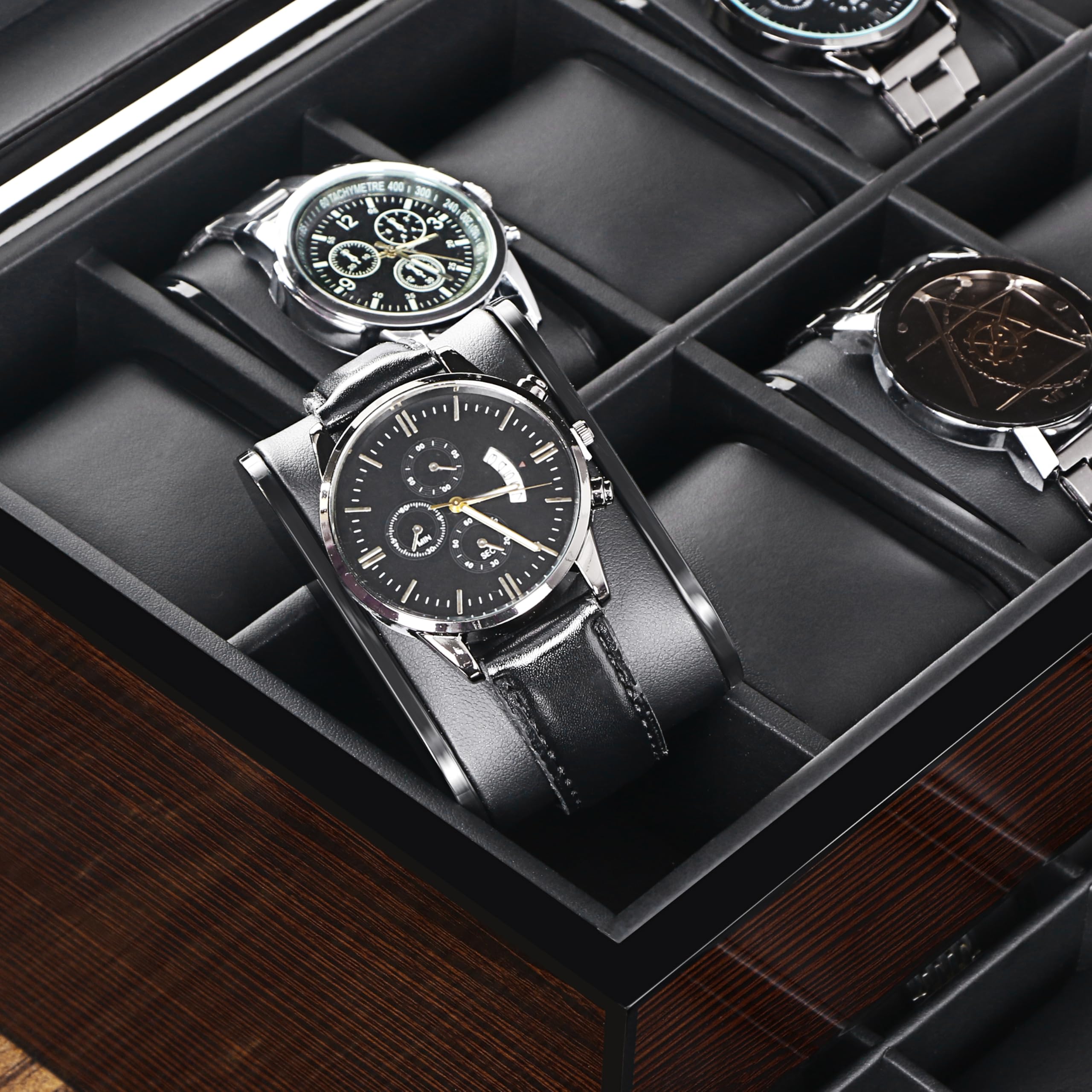 BEWISHOME BEWISHOME High-End Watch Box, 20-Slot Watch Case with Large Glass Lid, Wooden Watch Cases for Men, Watch Storage, Watch Organizer, Synthetic Leather Interior, Brown SSH04Y
