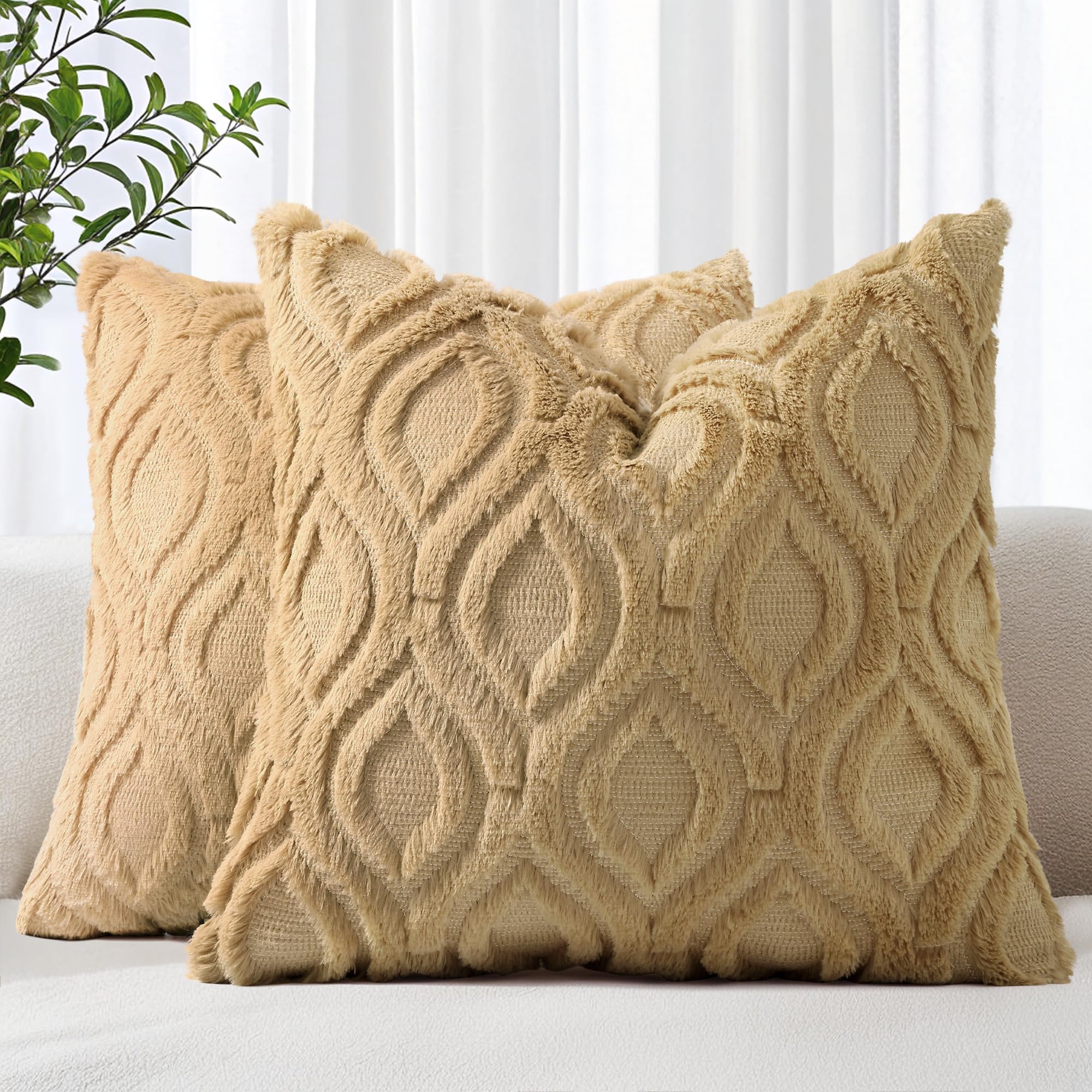 Photo 1 of decorUhome Throw Pillow Covers 18x18 Inch Set of 2, Soft Plush Decorative Faux Fur Light Brown Solid Couch Pillow Covers, Accent Farmhouse Neutral Square Euro Pillow Cases for Sofa Bed Living Room