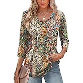 Romanstii Shirts for Women 2026 Spring 3/4 Length Sleeve Womens Tops Dressy Casual Pleated Blouses V Neck Tee Shirts S-3XL