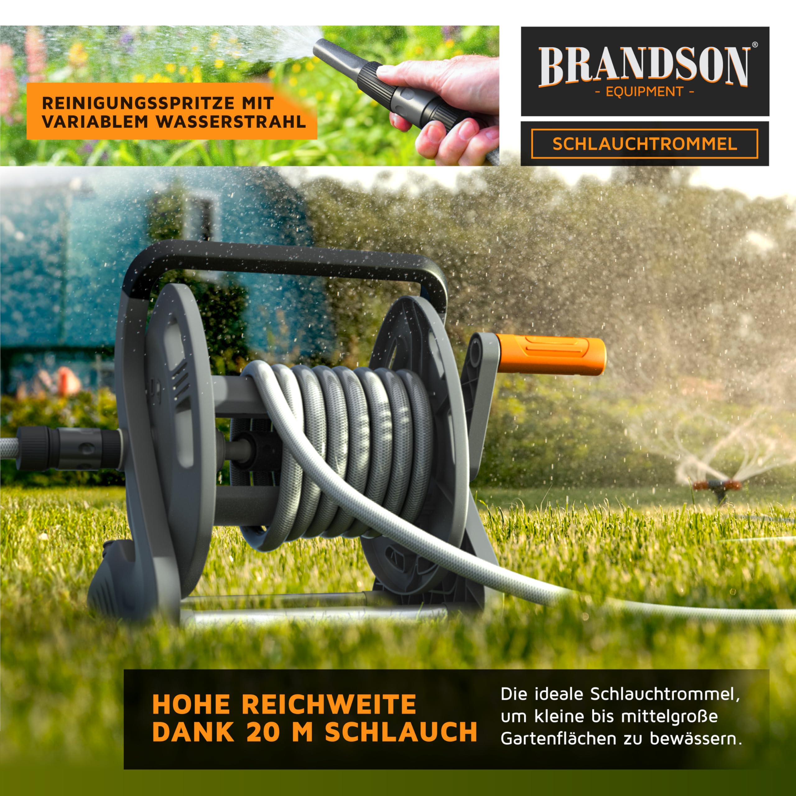 Brandson - Schlauchtrommel 20m Schlauch – Gartenschlauch Trommel Set 1/2 Zoll inkl. Anschluss 3/4 Zoll - 2 m Zuleitung – Schlauchbox mit Wandhalterung - Drehkurbel- Reinigungsspritze 3