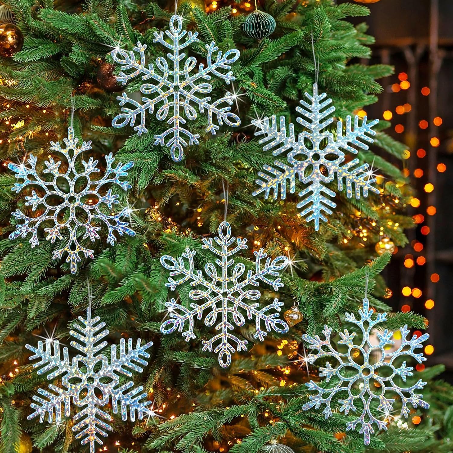 View 1 of 12pcs Large Iridescent Snowflakes Christmas Ornaments-12 Big Plastic Glitter Hanging Snow Flakes for Christmas Tree Decorations Winter Indoor Outdoor Window Home Decor Giant Craft Snowflakes