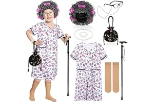 AOTHSO 9 Pieces 100 Days of School Toddler Old Lady Costume Kids Girl Grandma Dress Granny Costume Dress Up Outfit Cosplay