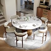 POVISON 59" Round Dining Table for 6, Glossy White Sintered Stone Tabletop | Sintered Stone Dining Tabletop, Carbon Steel Base, Mid Century Kitchen Table for Dining Room, Luxury Dining Table（Table only）