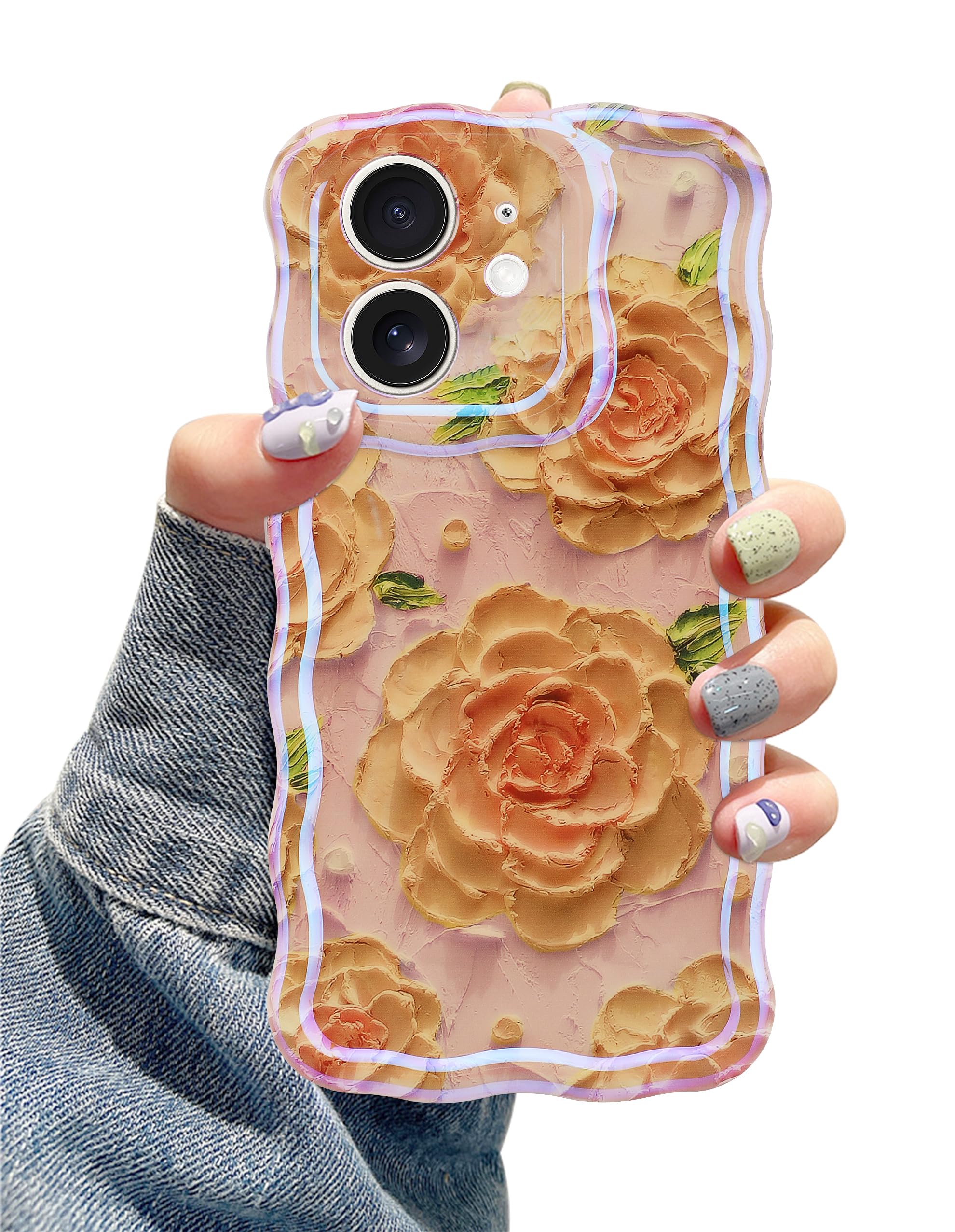 Photo 1 of Jusy Compatible with iPhone 11, Colorful Retro Oil Painting Printed Flower Laser Glossy Pattern Cute Curly Wave Phone Case Soft TPU Cover for Girly Women - Pink Rose