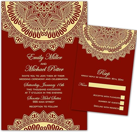 Amazon Com 100 Wedding Invitations Gold Burgundy Ornament Envelopes Response Cards Set Kitchen Dining