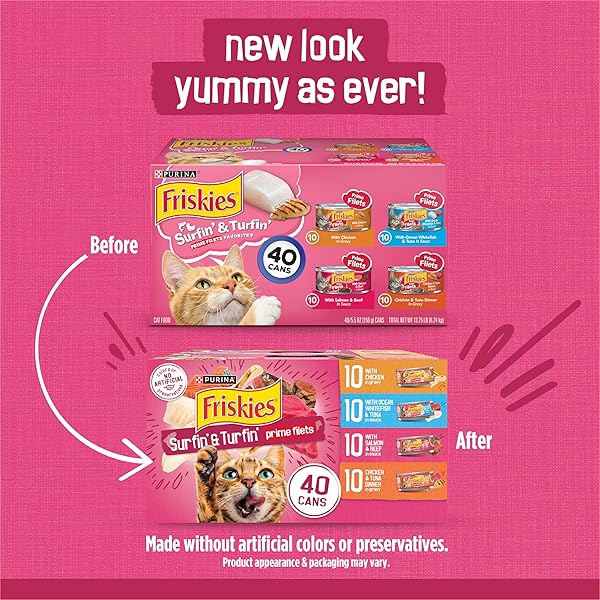 PURINA FRISKIES GRAVY WET CAT FOOD VARIETY PACK, SURFIN’ AND TURFIN’ PRIME FILETS FAVORITES – (PACK OF 40) 5.5 OZ. CANS