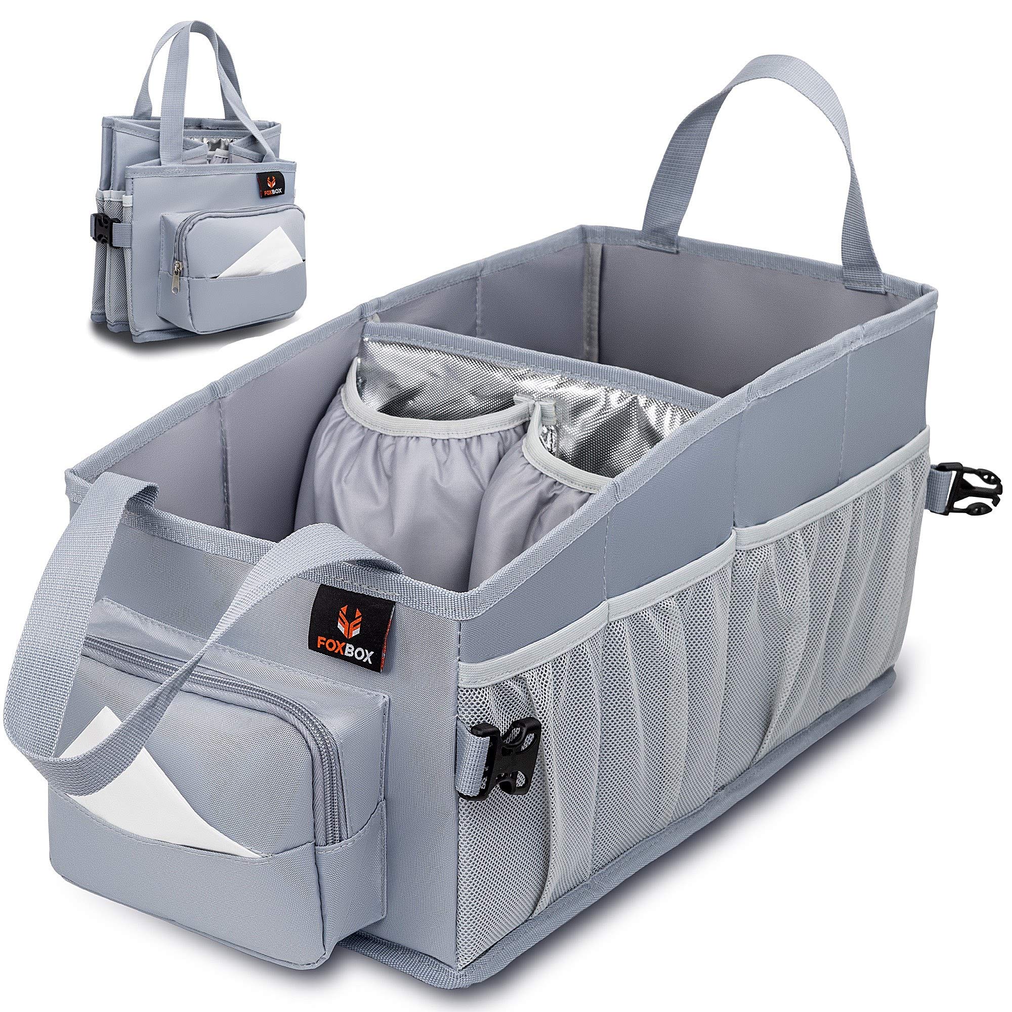 FoxBoxEasy-to-Reach Kids Car Organizer Between Seats - For Back Seat Travel Car Organizer with Tissue Box and Insulated Cup Holder - Backseat Car Storage for Toddlers - Next to Car Seat Car Tote (Grey)
