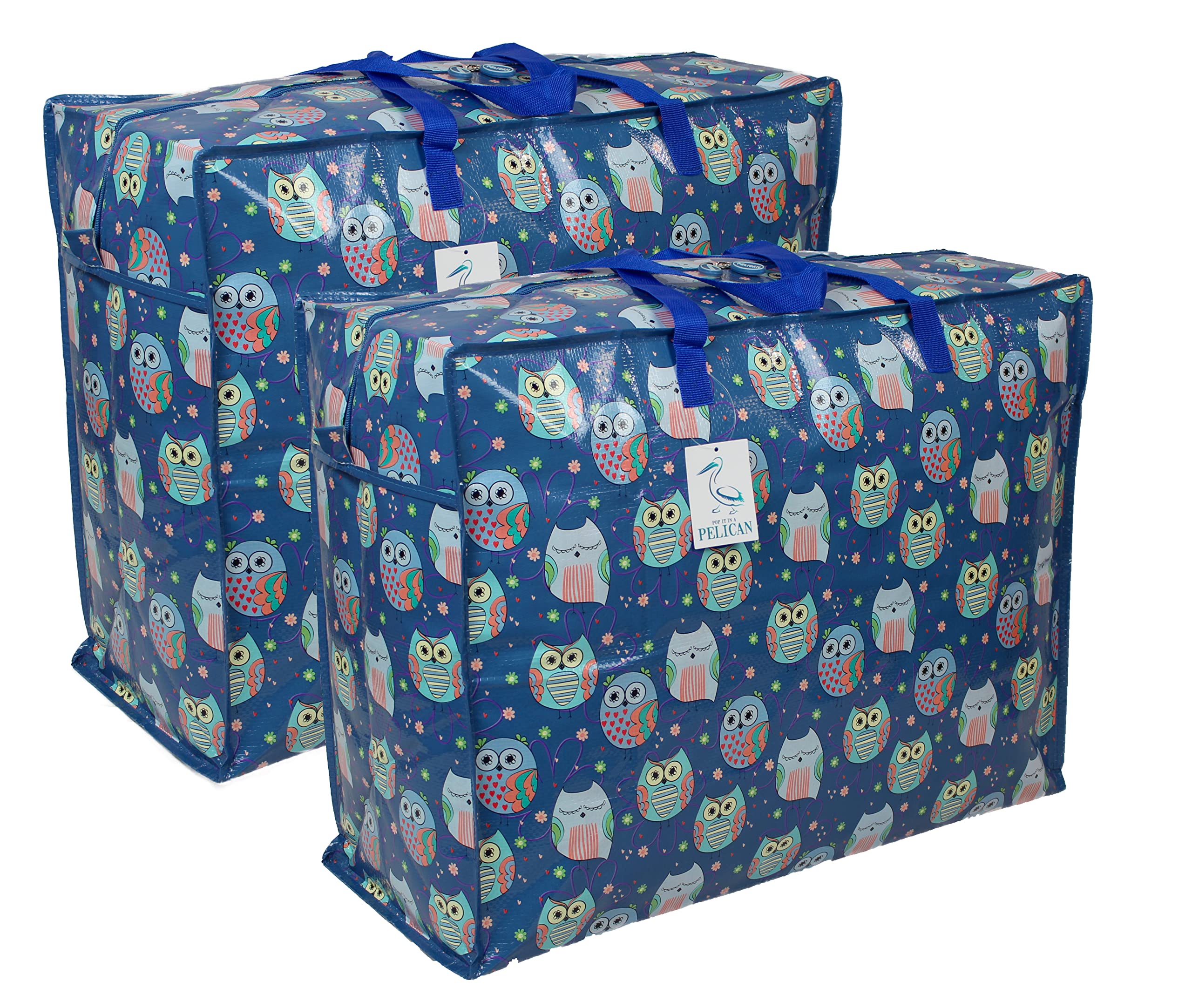 Storage Bags Water & Dust Resistant. Double zipped storage bags for toys, laundry, bedding. Underbed Wardrobe Space Saver Sleepy Owls print (65 ltr 2x Pack)