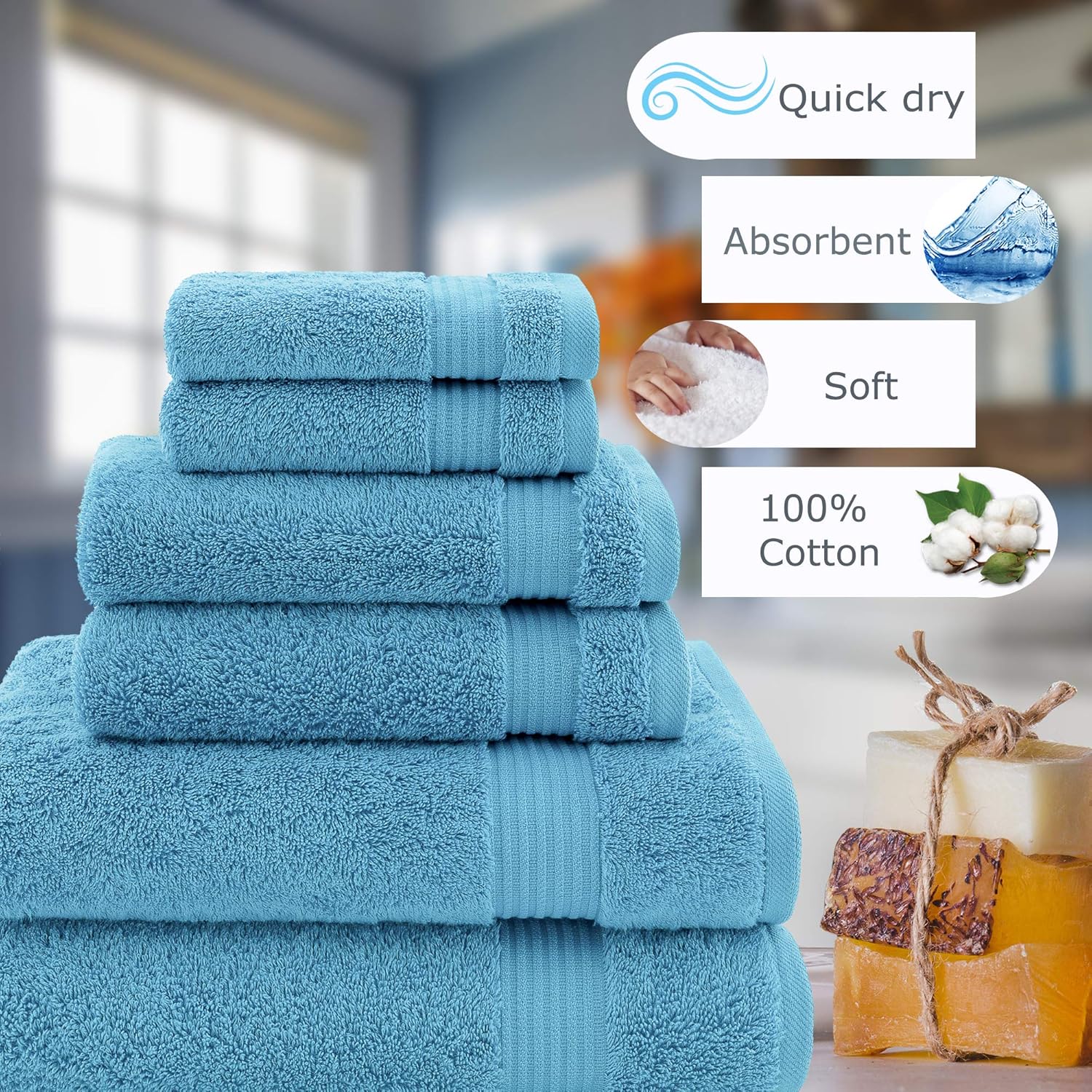 Hotel & Spa Quality, Absorbent & Soft Decorative Kitchen & Bathroom Sets, 100% Turkish Genuine Cotton 6 Piece Towel Set, Includes 2 Bath Towels, 2 Hand Towels, 2 Washcloths - Sky Blue: Kitchen & Dining