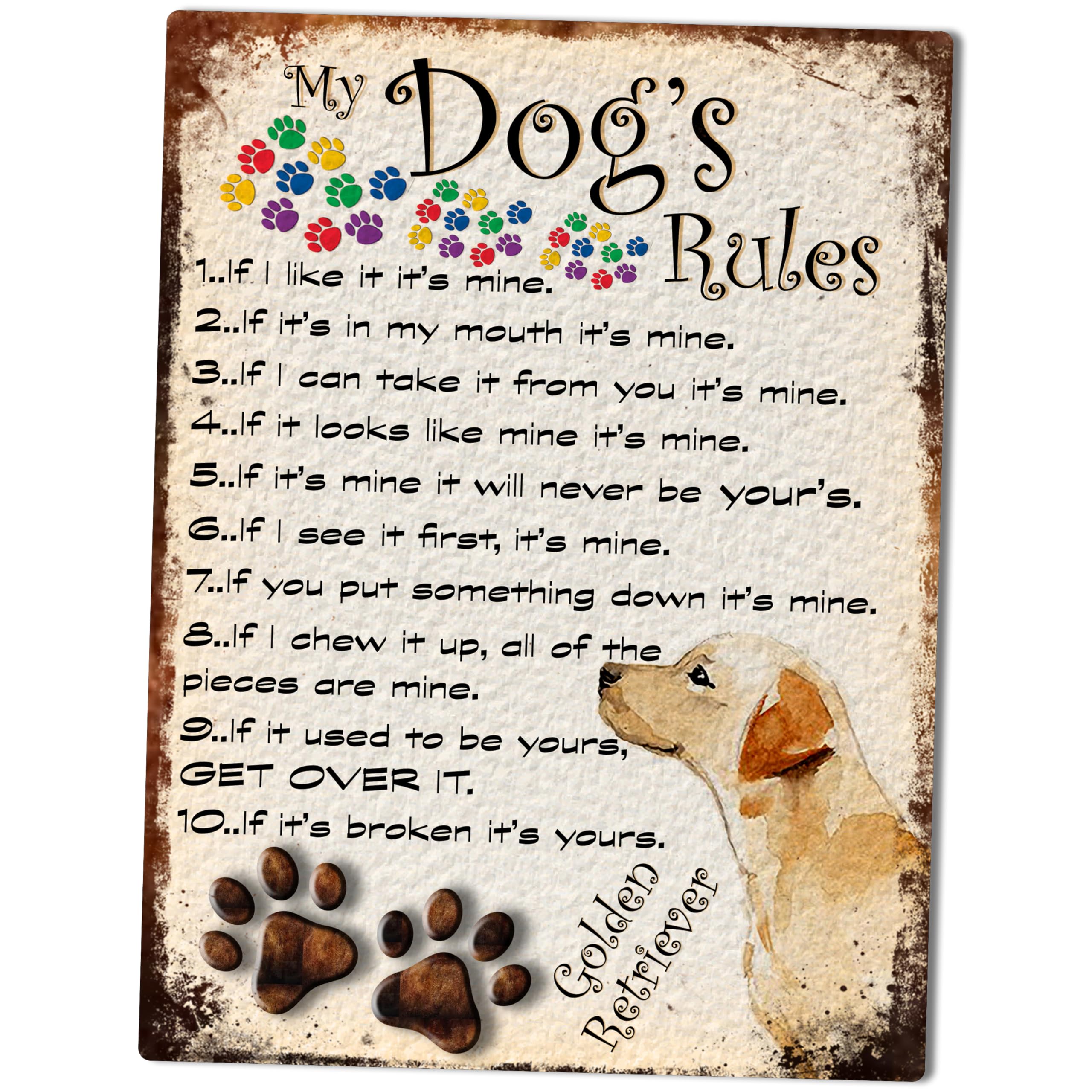 MY DOG'S RULES RETRO STYLE METAL TIN GOLDEN RETRIEVER SIGN/PLAQUE THEME 10" X 8" (36RM)