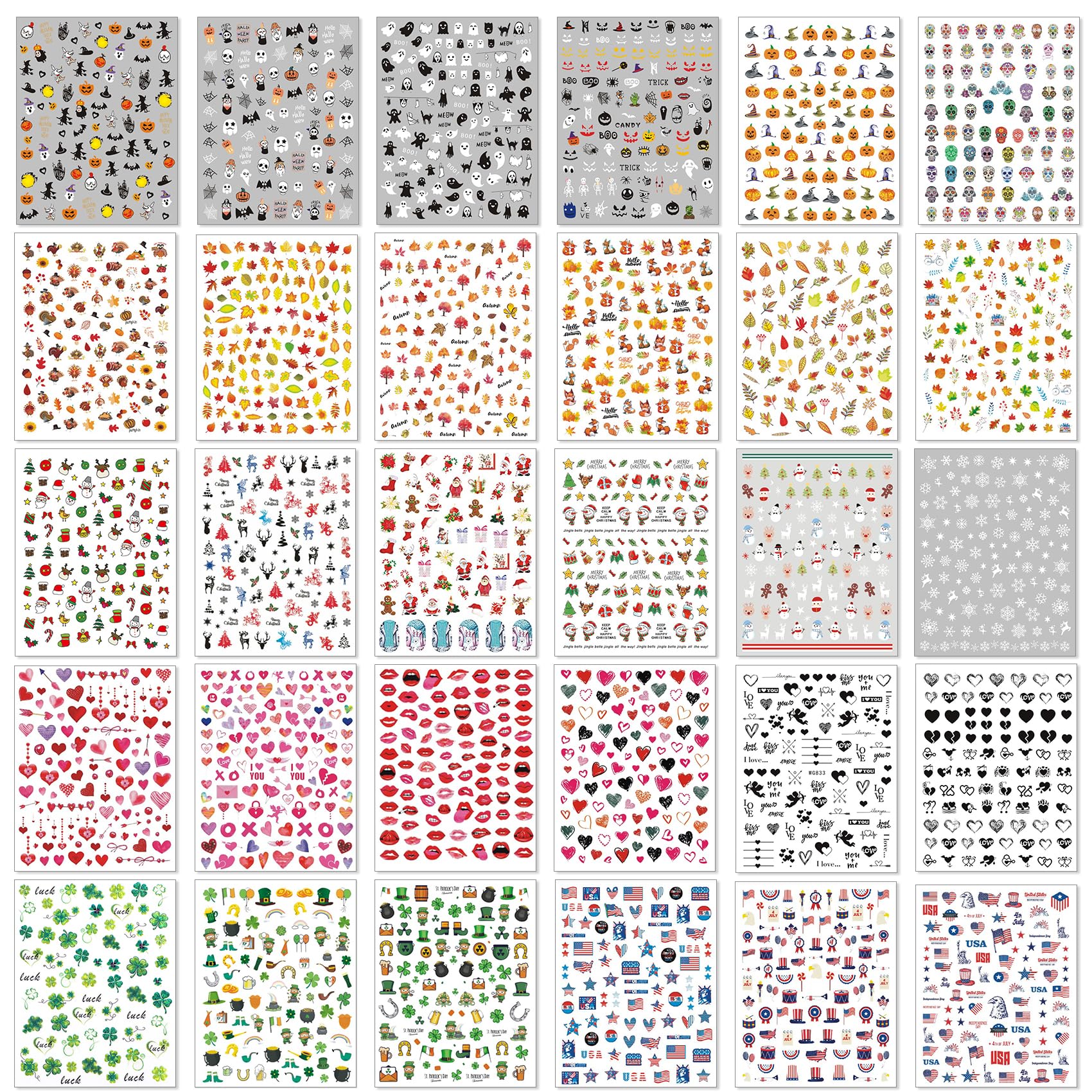 TailaiMei 30 Sheet All Holidays Nail Art Stickers, Christmas Mixed Seasons Variety Pack for Valentine's Day Halloween Fall Nail Decals, Self-Adhesive Year-Round Thanksgiving Nail Decorations - Image 7