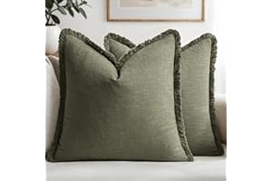 MIULEE Set of 2 Linen Throw Pillow Covers Decorative Boho Square with Tassels Farmhouse Cushion Covers Olive Green Accent Pil